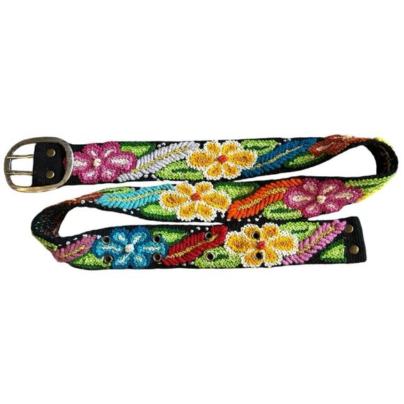 Jenny Krauss Hand Made Black Colorful Floral Peruvian Wool Belt Size Medium - Picture 1 of 5